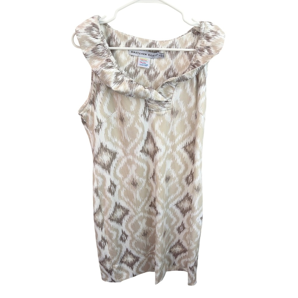 Gretchen Scott Shift Dress Large Boho Tan Ikat Ruffle Portrait Collar Sleeveless